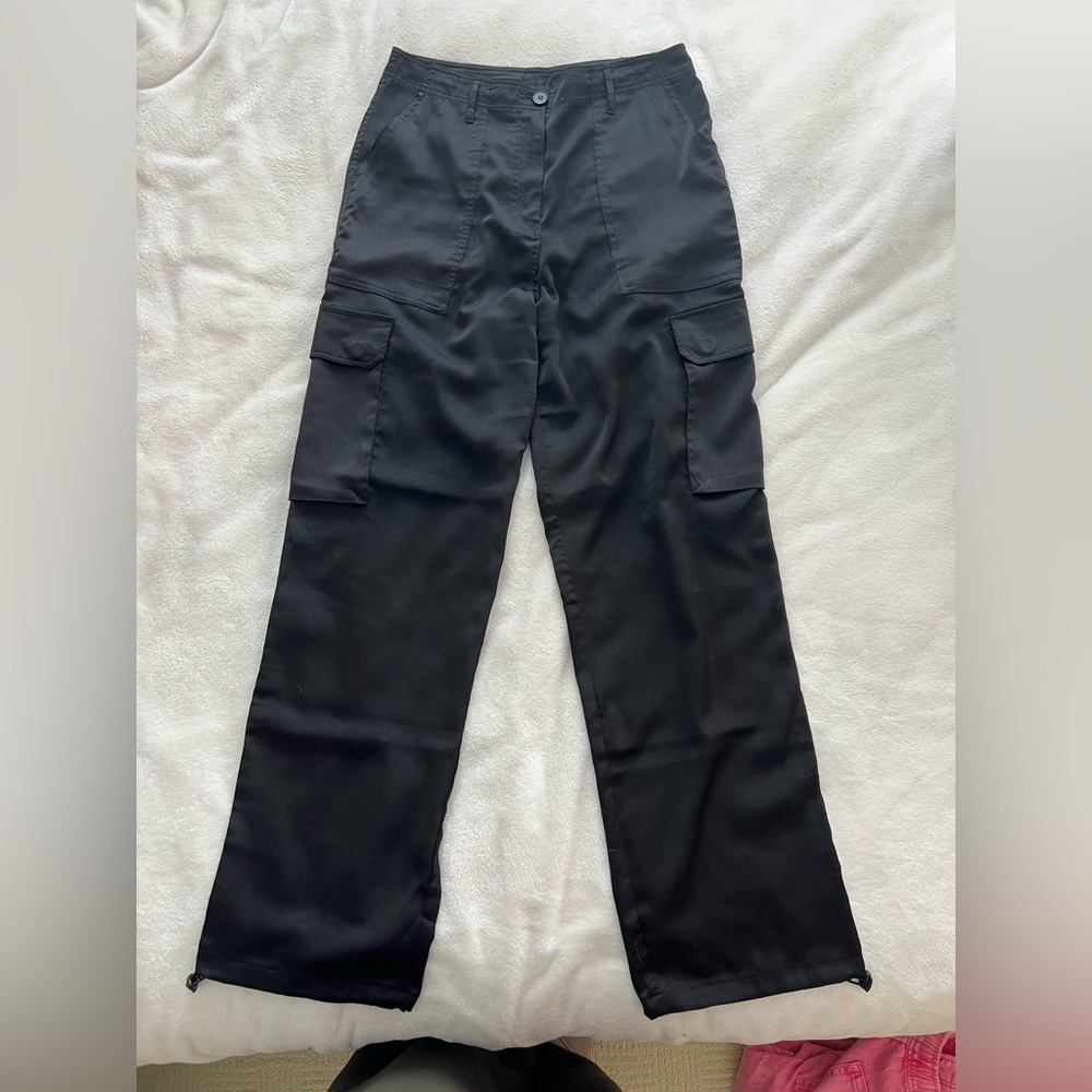 Olivaceous Satin Black Cargo Trouser Pants with Cord ankle tie adjustments